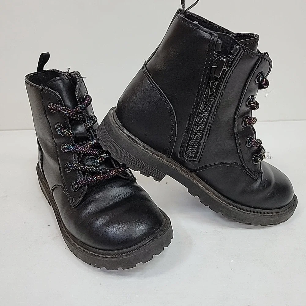 Girls Youth Black Combat Boots Side Zip Rainbow Laces Chunky Lug Size 8 COMFY